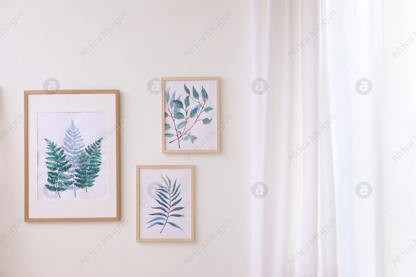 Photo of Beautiful paintings on white wall indoors. Idea for interior design