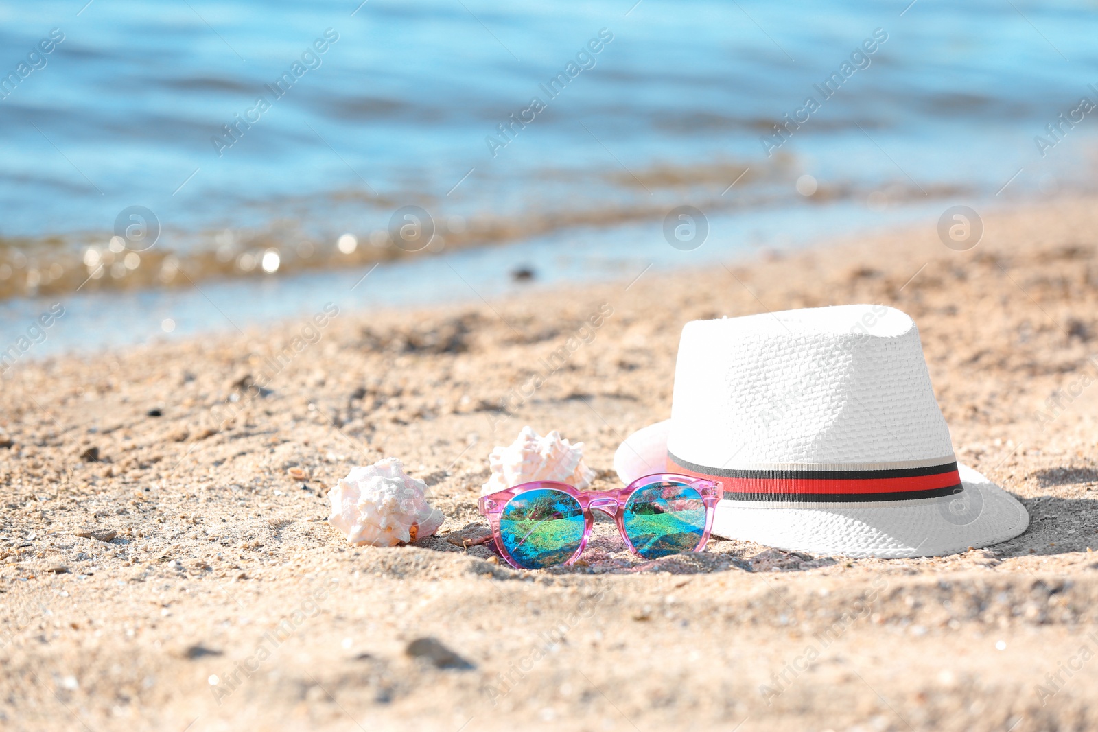 Photo of Hat, sunglasses and shells on sand near sea. Beach object