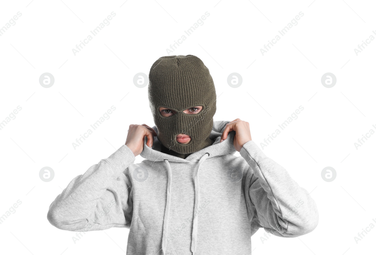 Photo of Woman wearing knitted balaclava on white background