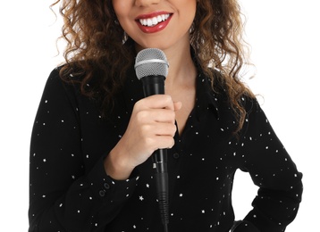 Photo of Curly African-American woman holding microphone on white background, closeup view