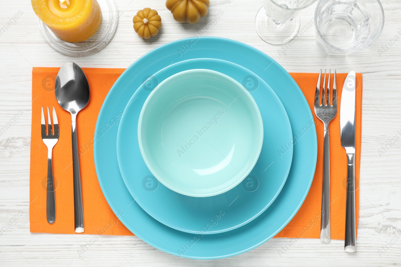 Photo of Elegant festive setting on white wooden table, flat lay