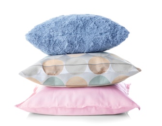 Soft decorative pillows on white background