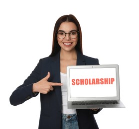 Scholarship concept. Young woman with modern laptop on white background