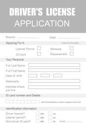 Driver's license application form made in grey colors