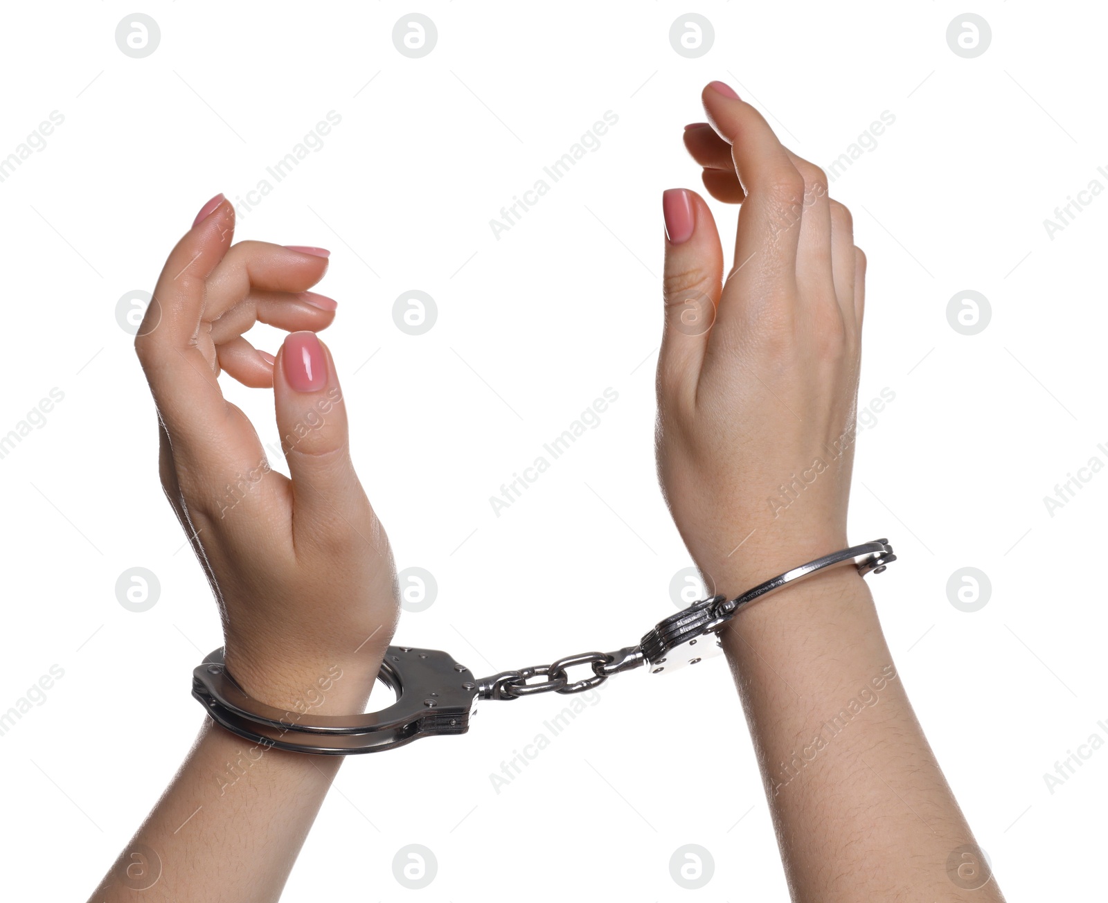 Photo of Freedom concept. Woman with handcuffs on white background, closeup