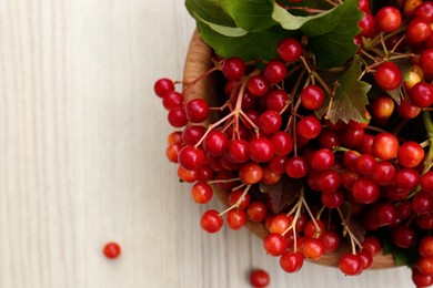 Photo of Bowl with tasty viburnum berries on white wooden table, flat lay. Space for text