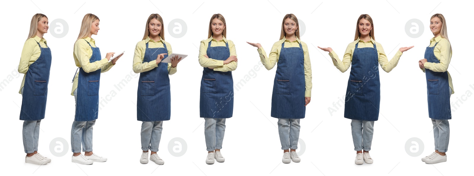 Image of Collage with photos of woman in apron on white background