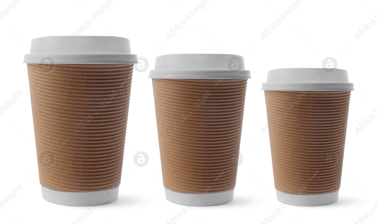 Image of Paper coffee cups of different sizes on white background, collage