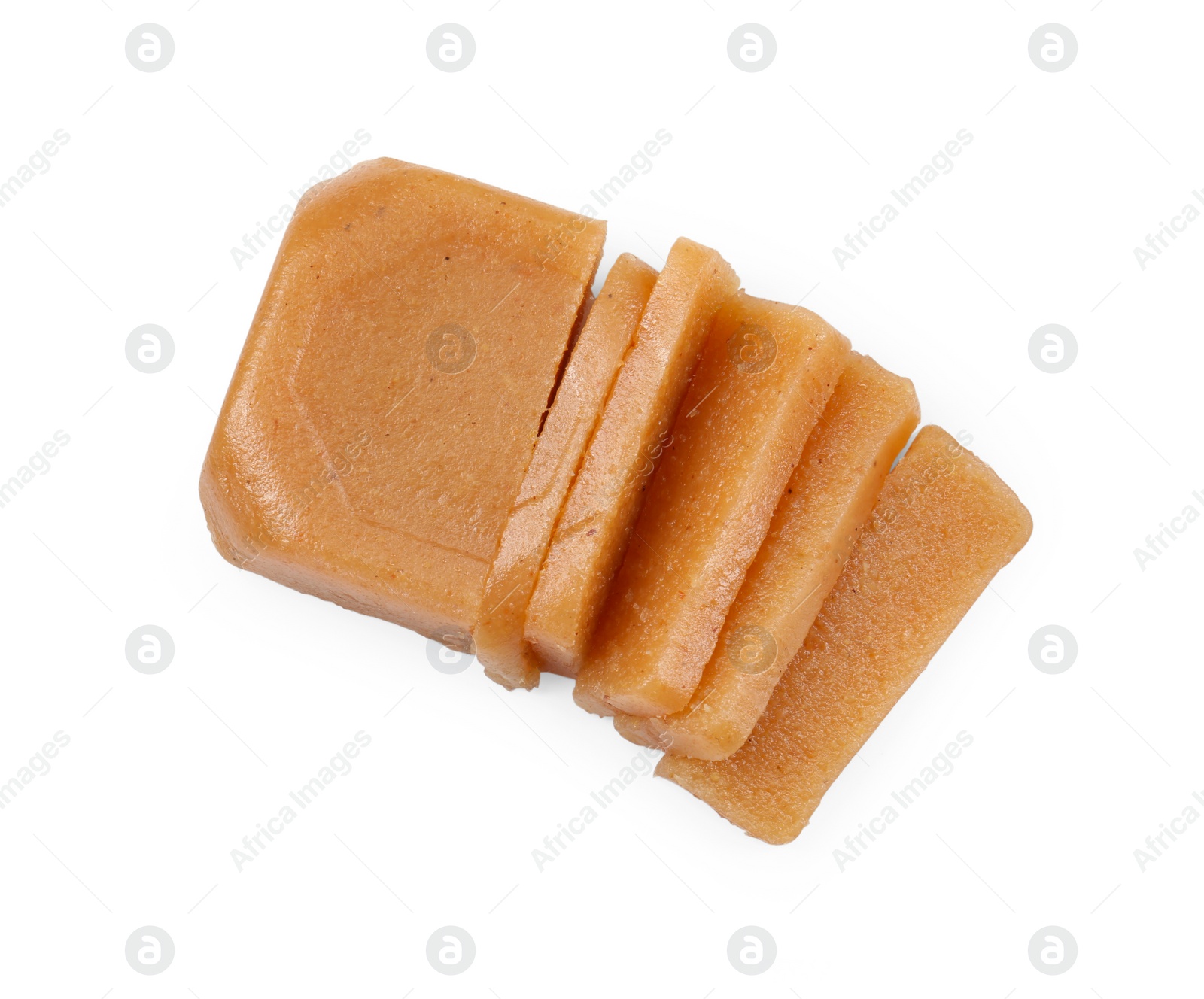 Photo of Delicious sweet quince paste and isolated on white, top view