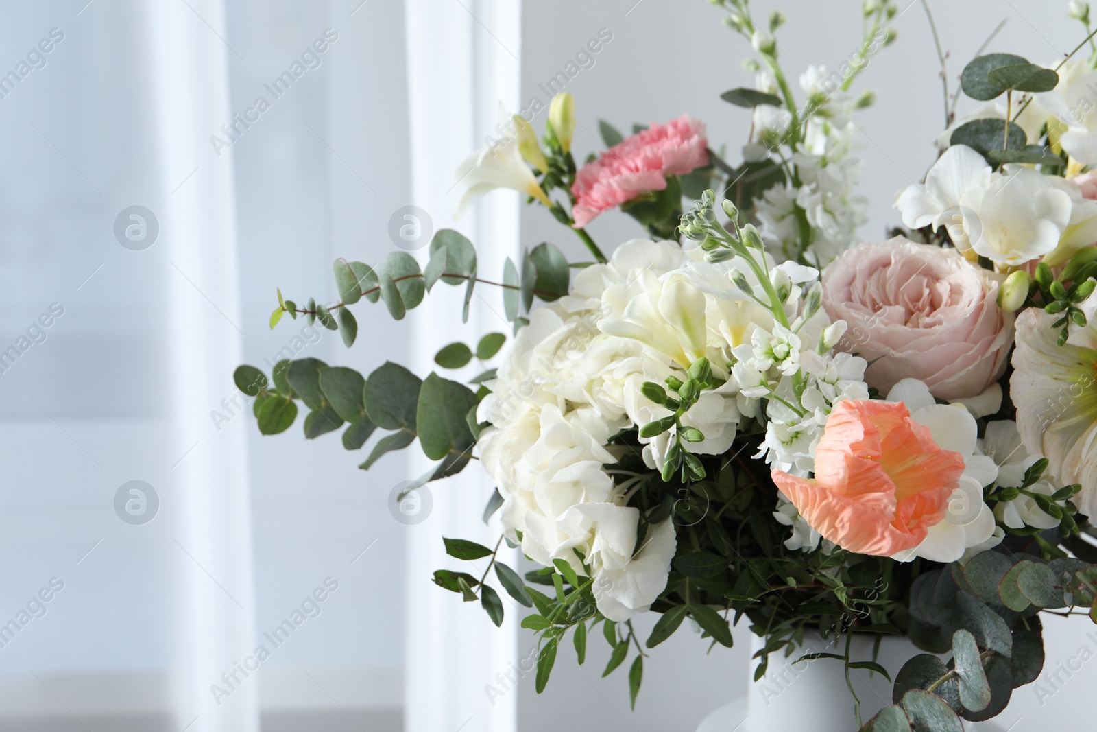 Photo of Beautiful bouquet of different fresh flowers on white background, closeup