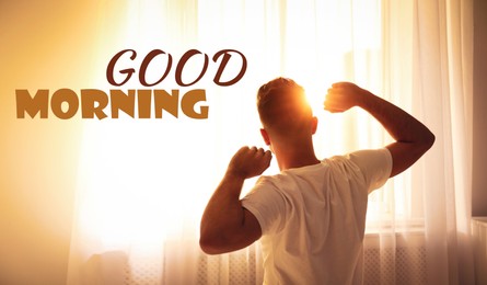 Image of Good Morning! Man stretching near window at home, back view