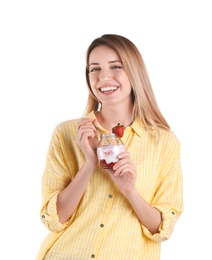 Photo of Young attractive woman eating tasty yogurt on white background