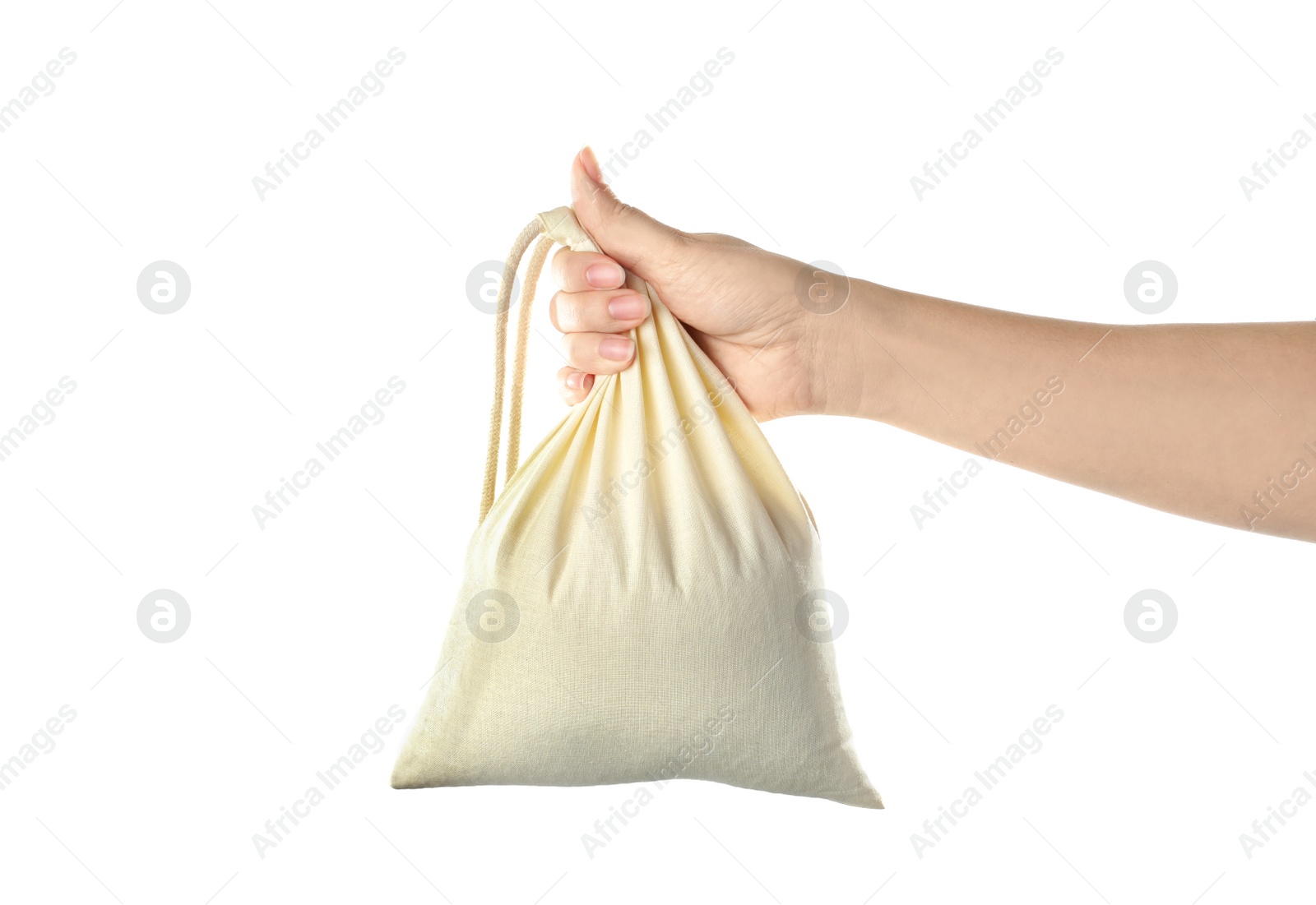 Photo of Woman holding full cotton eco bag on white background, closeup