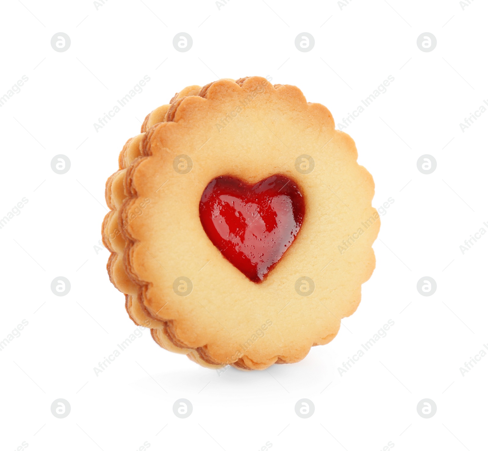 Photo of Traditional Christmas Linzer cookie with sweet jam on white background