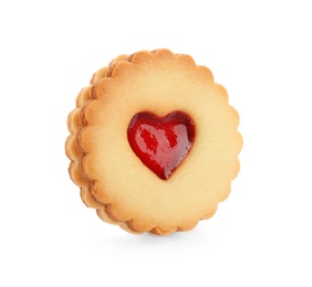 Photo of Traditional Christmas Linzer cookie with sweet jam on white background