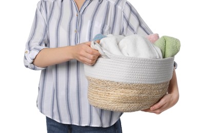 Photo of Woman with basket full of clean laundry on white background, closeup