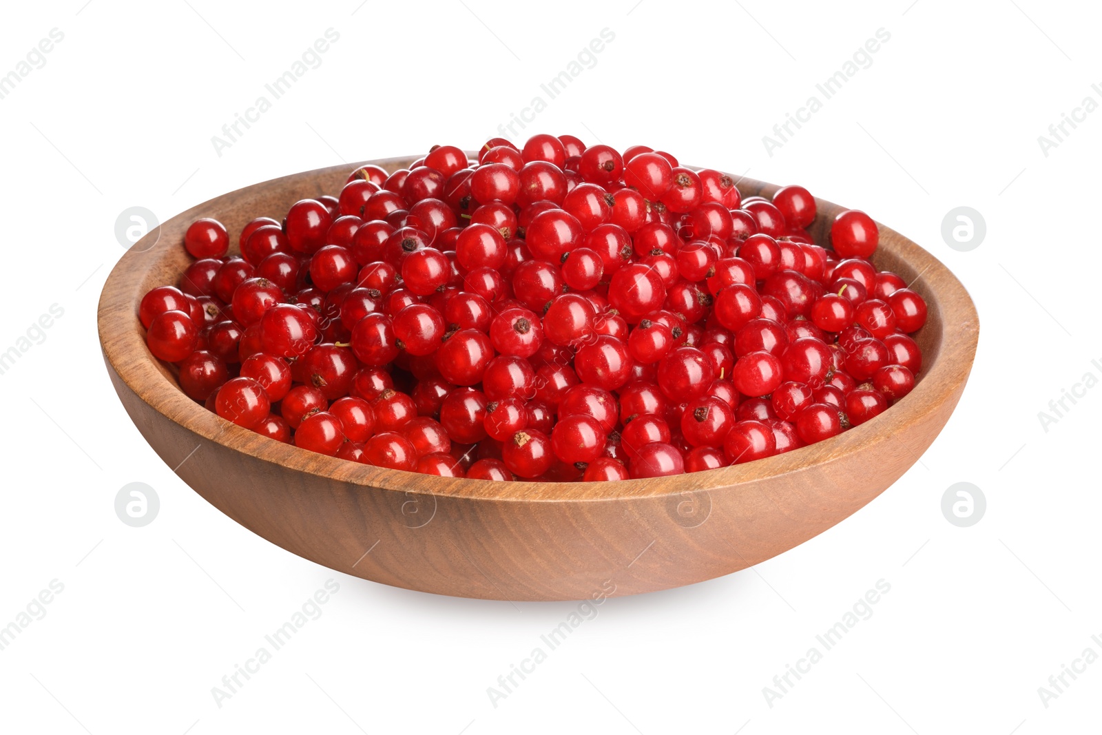 Photo of Tasty ripe red currants in wooden bowl isolated on white