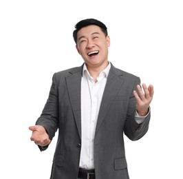 Photo of Happy businessman in suit posing on white background