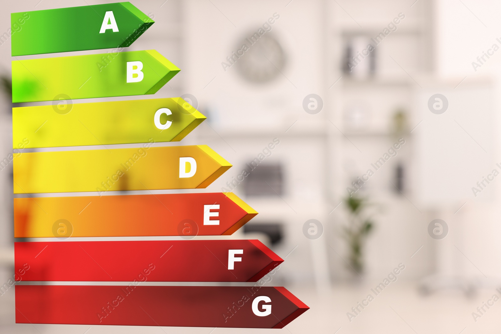 Image of Energy efficiency rating and blurred view of room interior