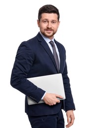 Photo of Handsome bearded businessman in suit with laptop on white background