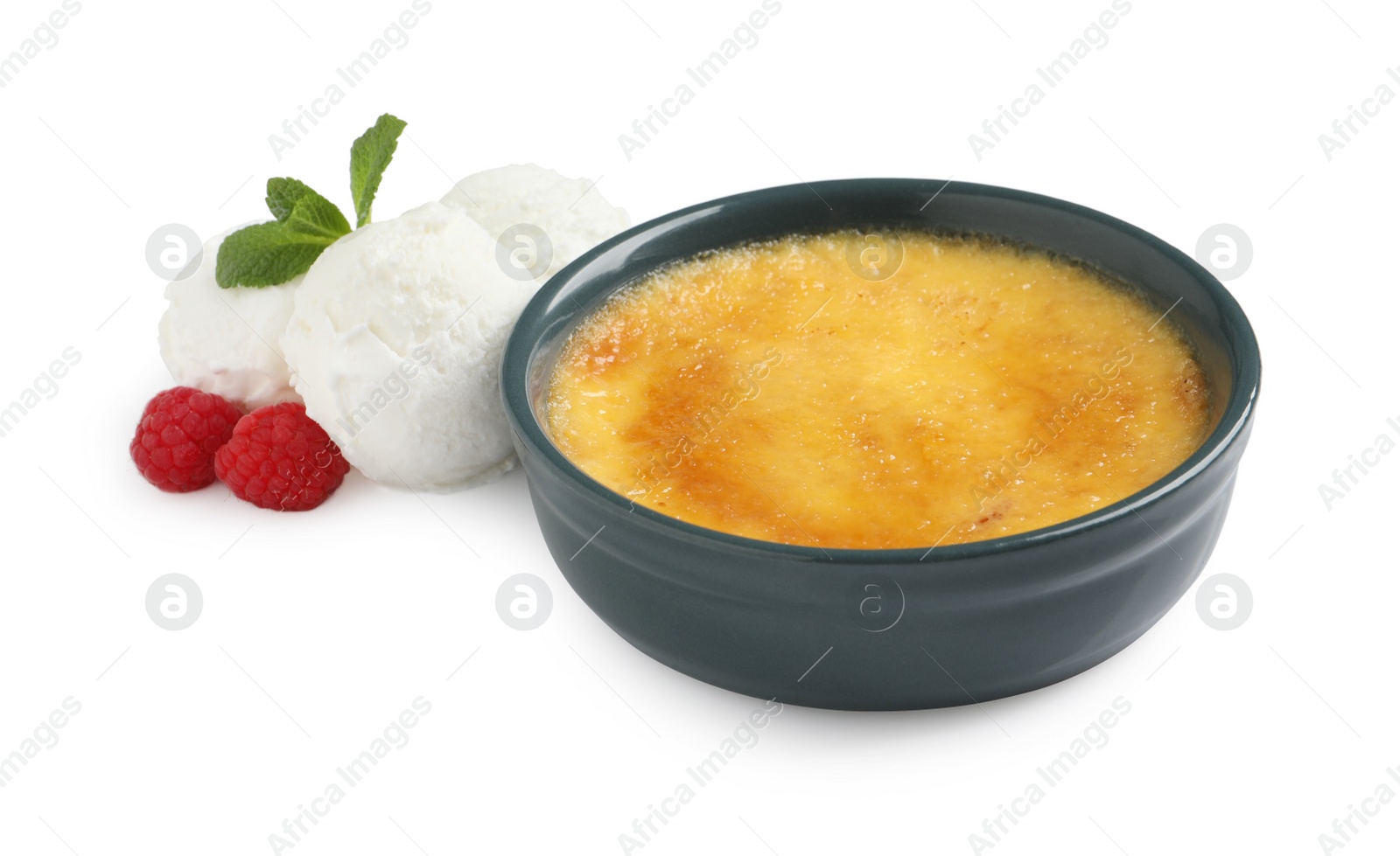 Photo of Delicious creme brulee with scoops of ice cream, fresh raspberries and mint on white background