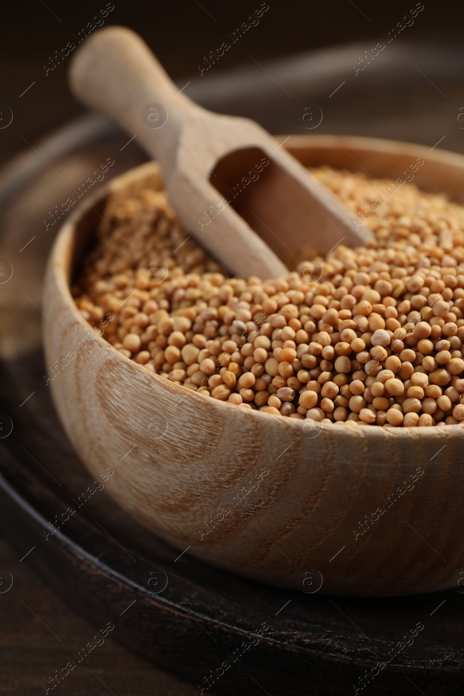 Photo of Mustard seeds with wooden bowl and scoop on tray, closeup