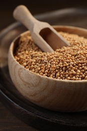 Mustard seeds with wooden bowl and scoop on tray, closeup