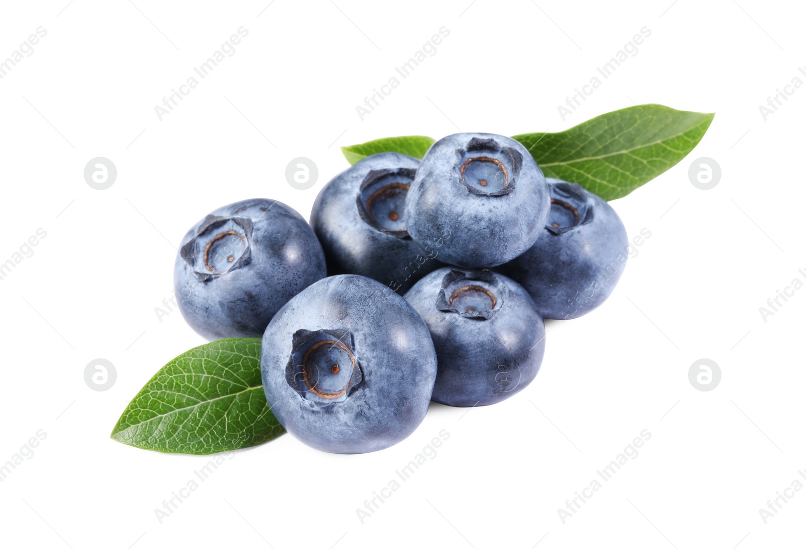 Photo of Pile of fresh ripe blueberries and leaves isolated on white