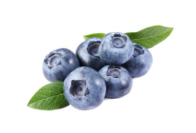 Pile of fresh ripe blueberries and leaves isolated on white