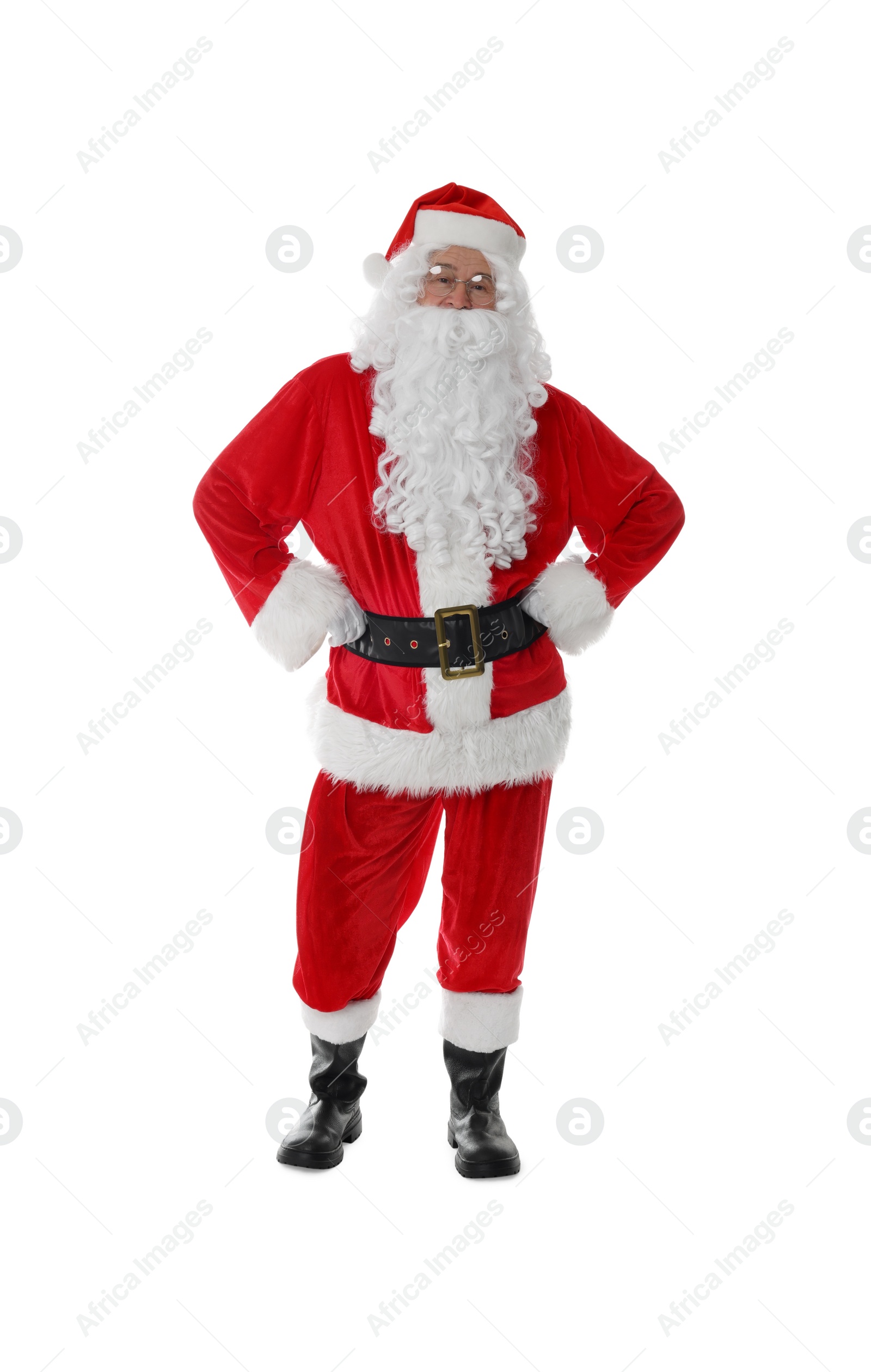 Photo of Man in Santa Claus costume posing on white background