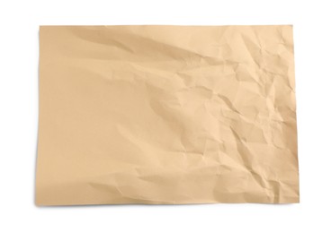 Photo of Sheet of crumpled brown paper on white background, top view