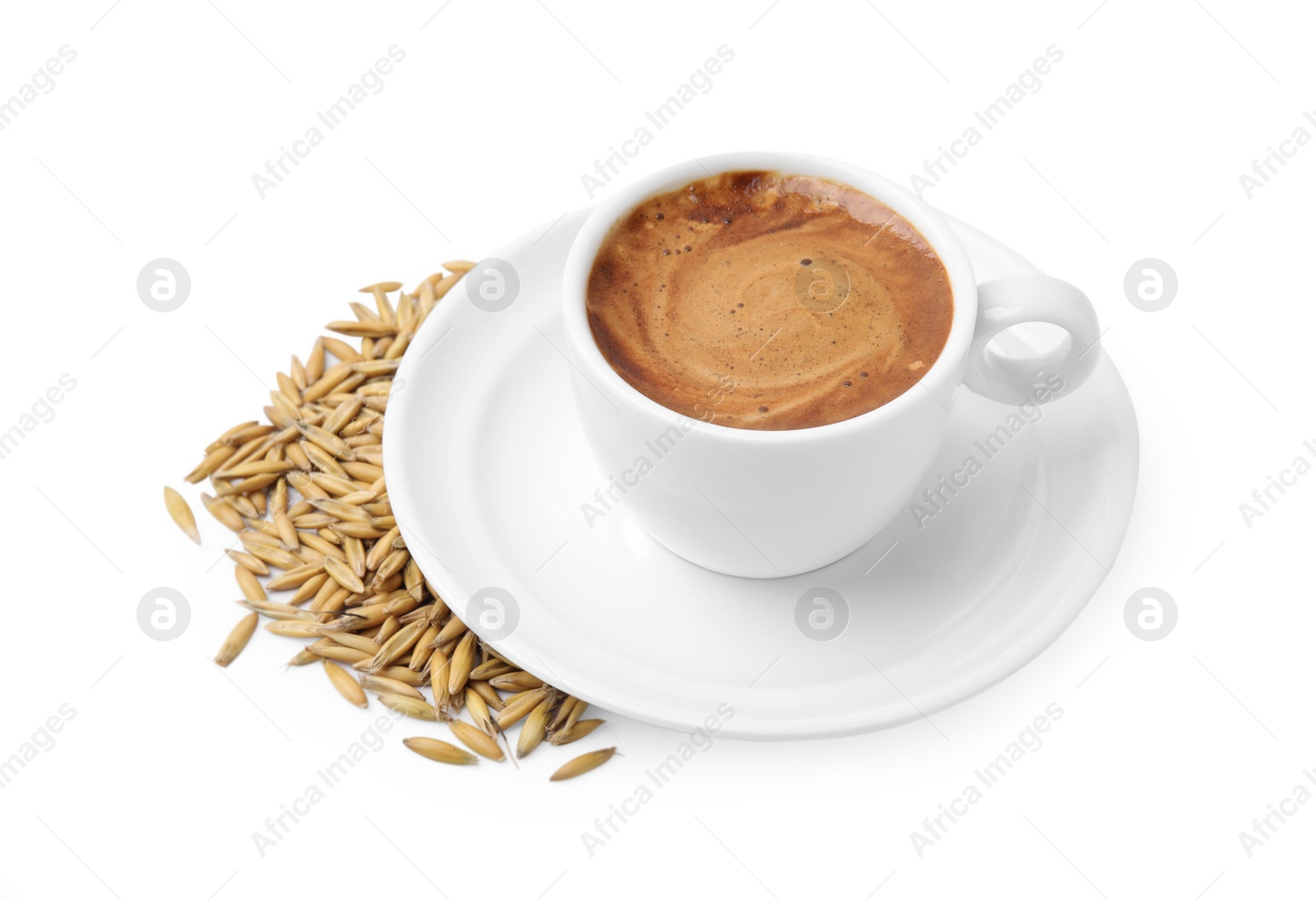 Photo of Cup of barley coffee and grains isolated on white