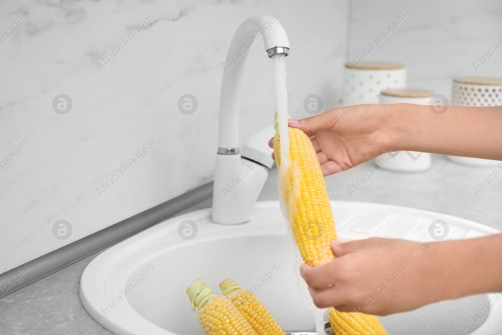 Photo of Woman washing corn ear in kitchen sink, focus on hands