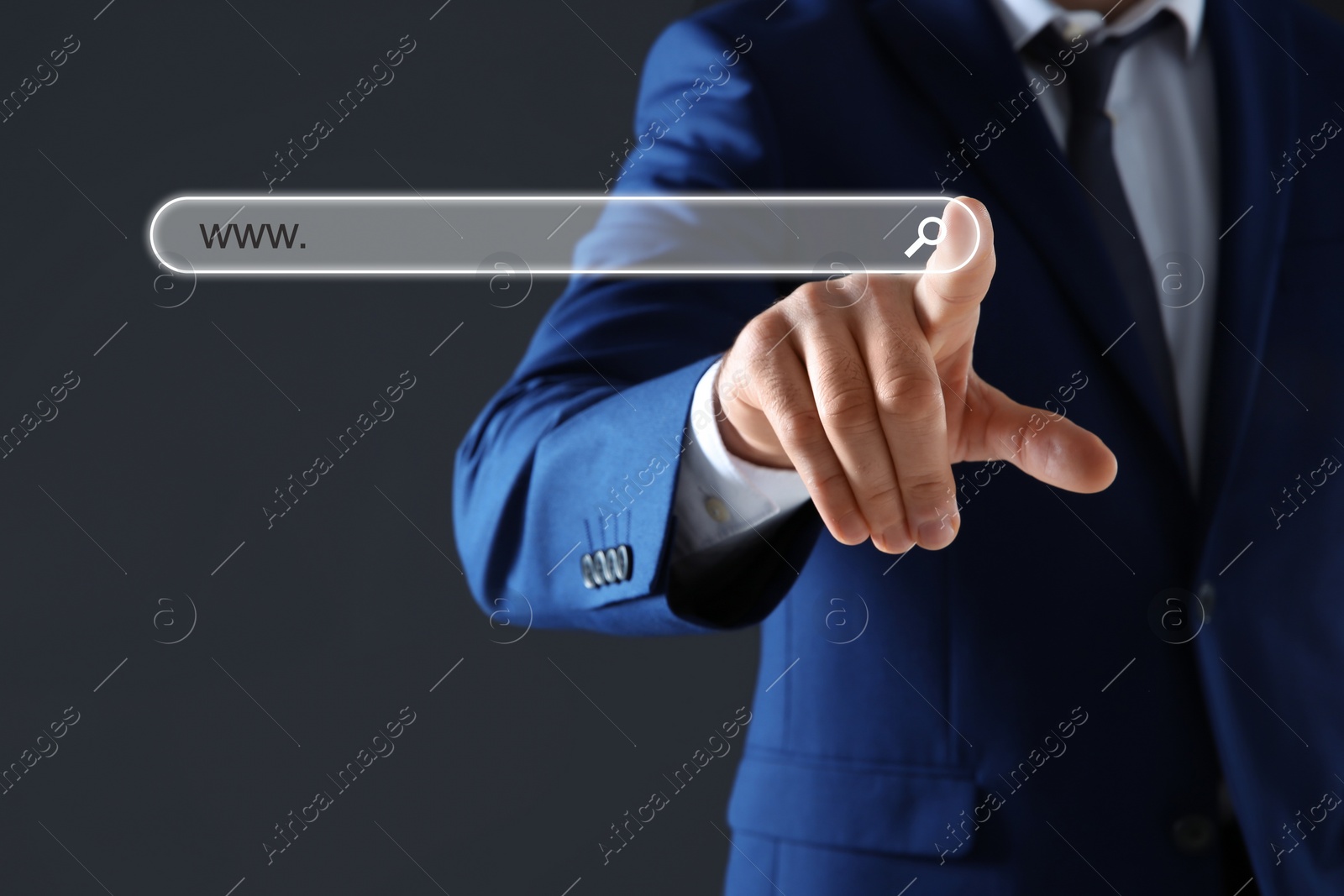 Image of Businessman using search bar of website on virtual screen, closeup