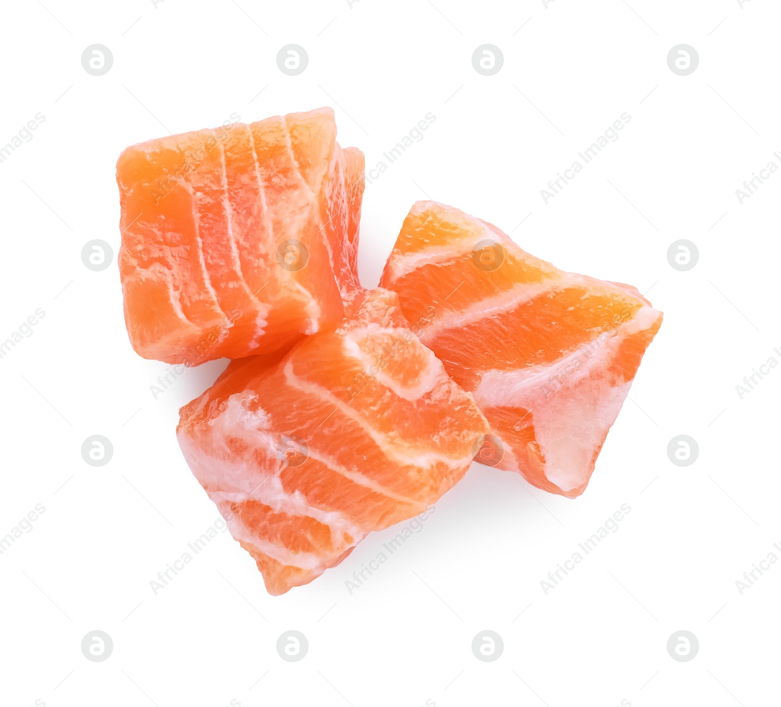 Photo of Pieces of fresh raw salmon on white background, top view