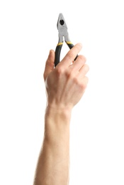 Photo of Man holding professional pliers on white background. Construction tools