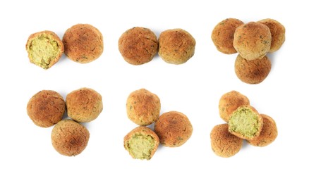 Image of Set with delicious deep fried falafel balls on white background, top view 