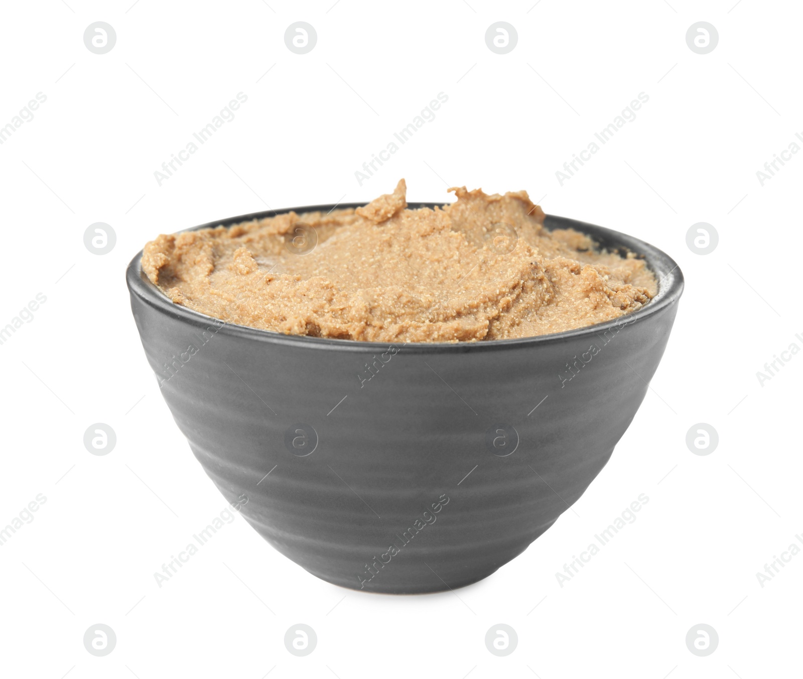 Photo of Bowl with delicious meat pate isolated on white