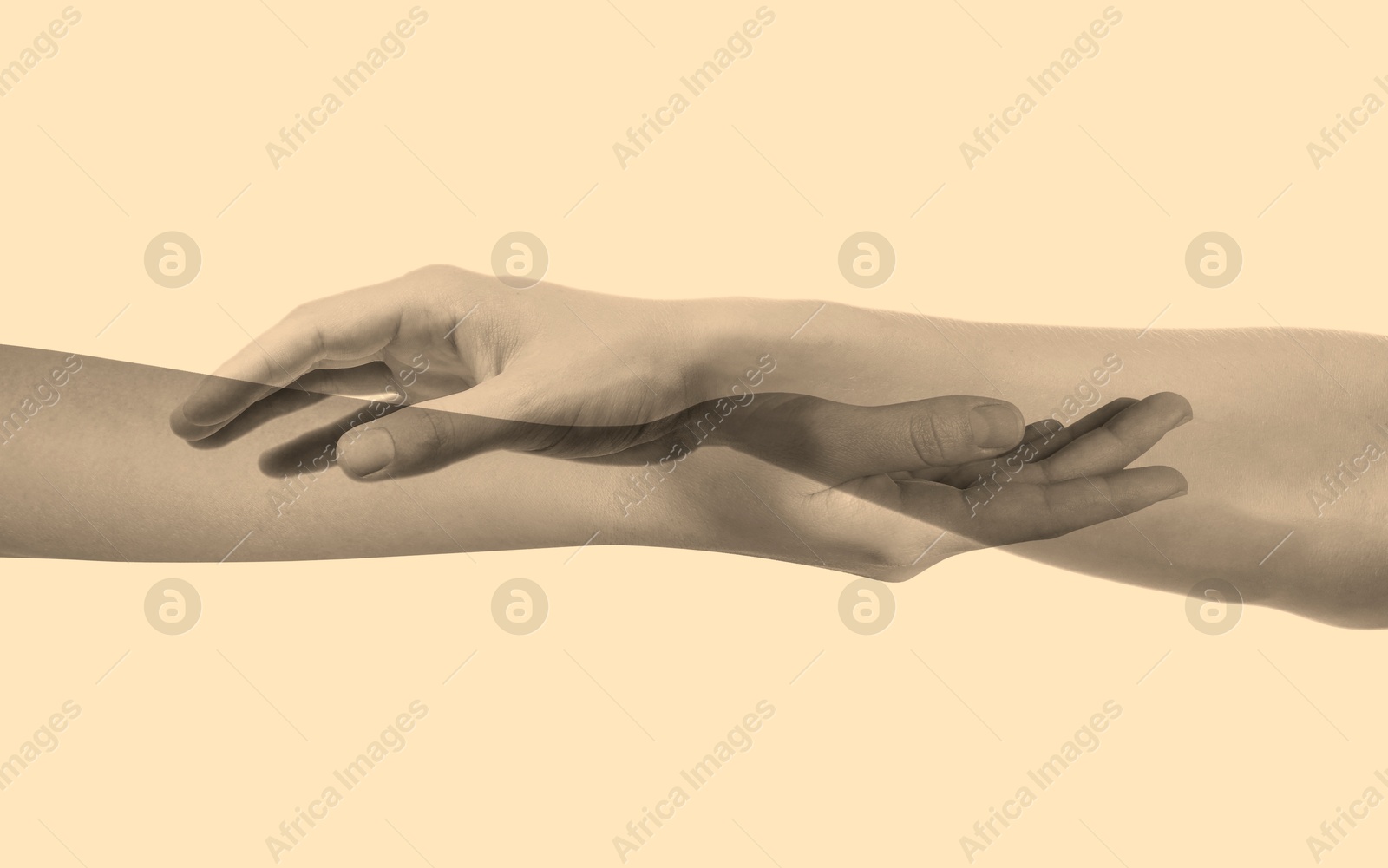 Image of Double exposure of people's hands on beige background, closeup. Sepia effect