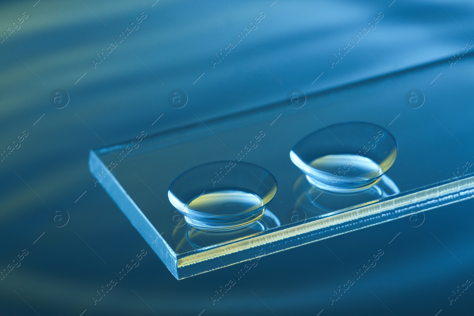 Photo of Pair of contact lenses on glass against blue background, closeup