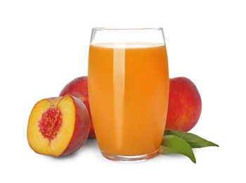 Photo of Freshly made tasty peach juice on white background