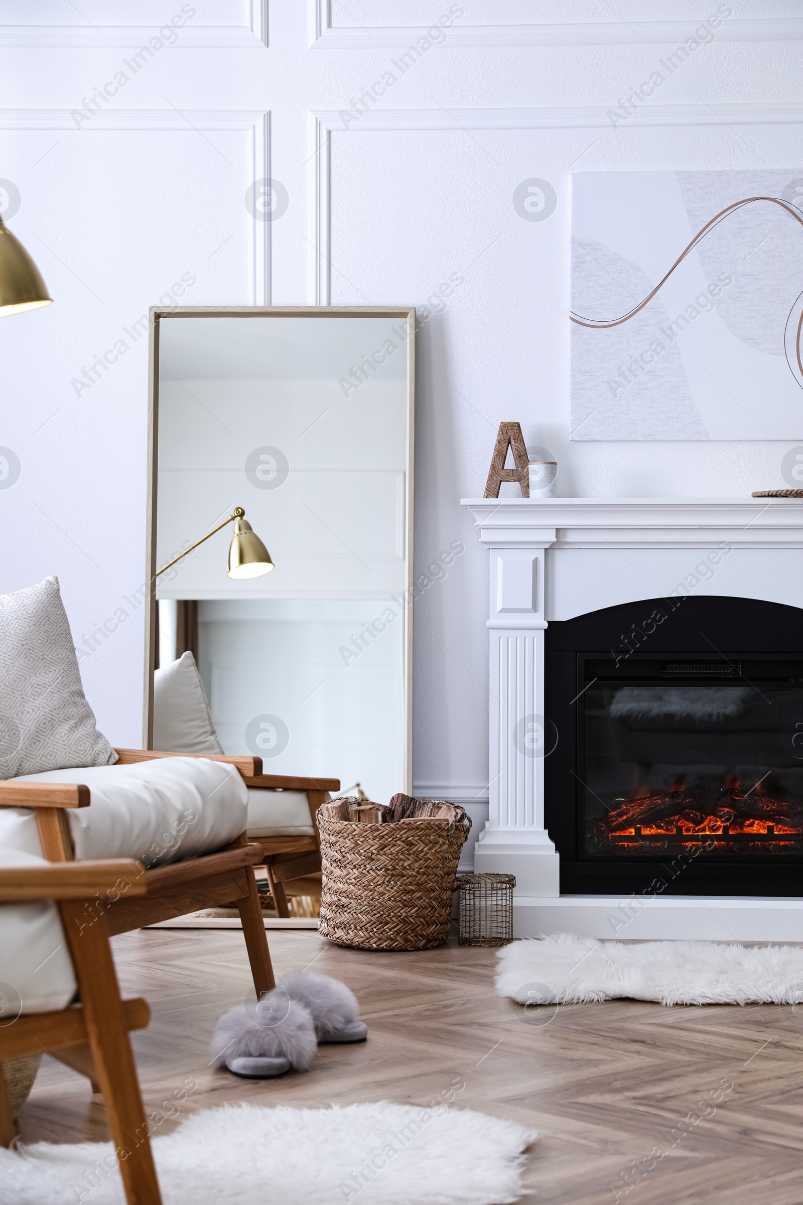 Photo of Beautiful living room interior with fireplace and armchairs