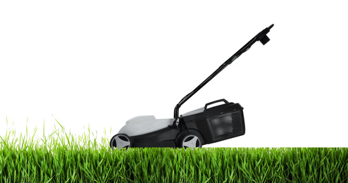 Image of Modern garden lawn mower cutting green grass, white background. Banner design