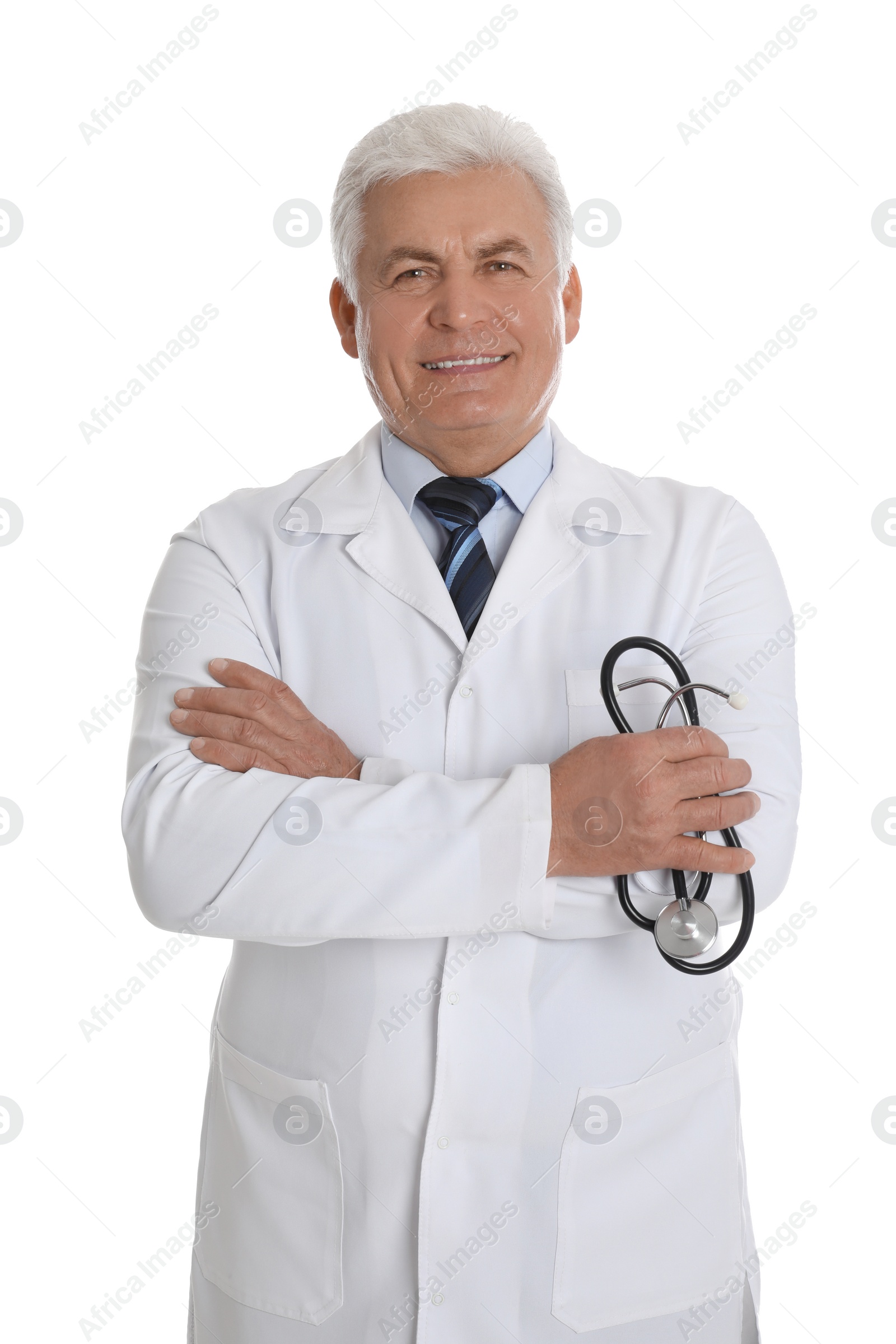 Photo of Senior doctor with stethoscope on white background