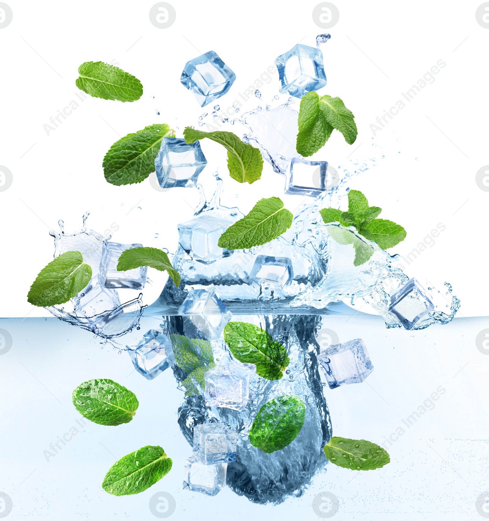 Image of Ice cubes and green mint leaves falling into water on white background