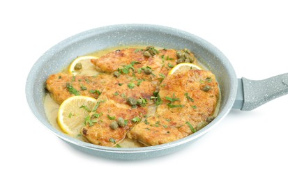 Delicious chicken piccata with herbs isolated on white