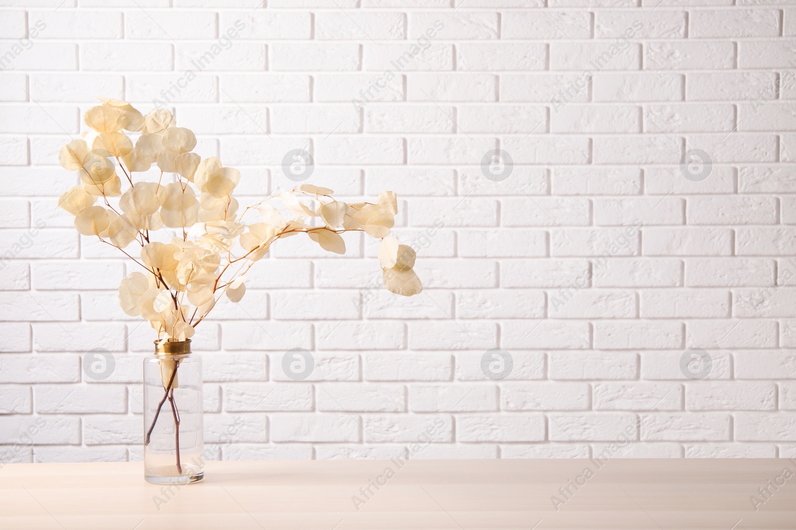 Photo of Dried eucalyptus branches in vase on table against white brick wall. Space for text