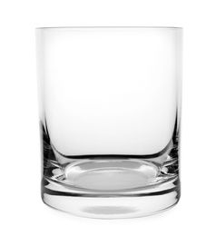 Photo of Clean empty whiskey glass isolated on white