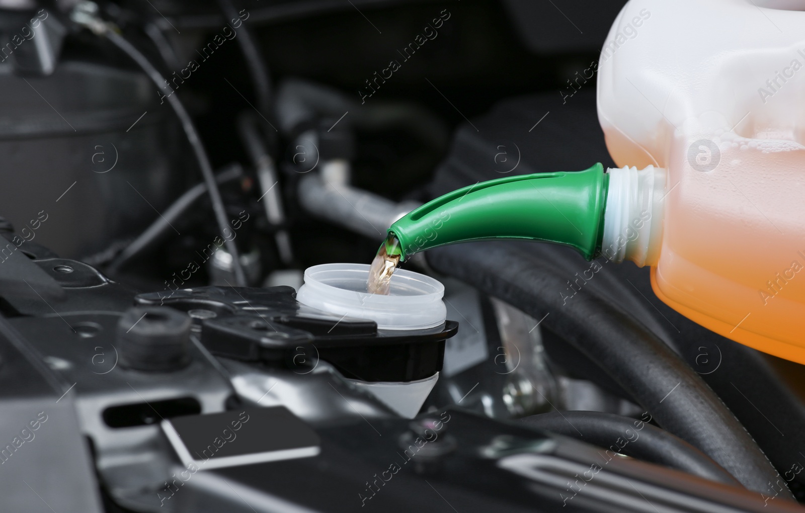 Photo of Pouring liquid from plastic canister into car washer fluid reservoir, closeup