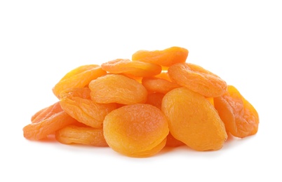 Tasty apricots on white background. Dried fruit as healthy food